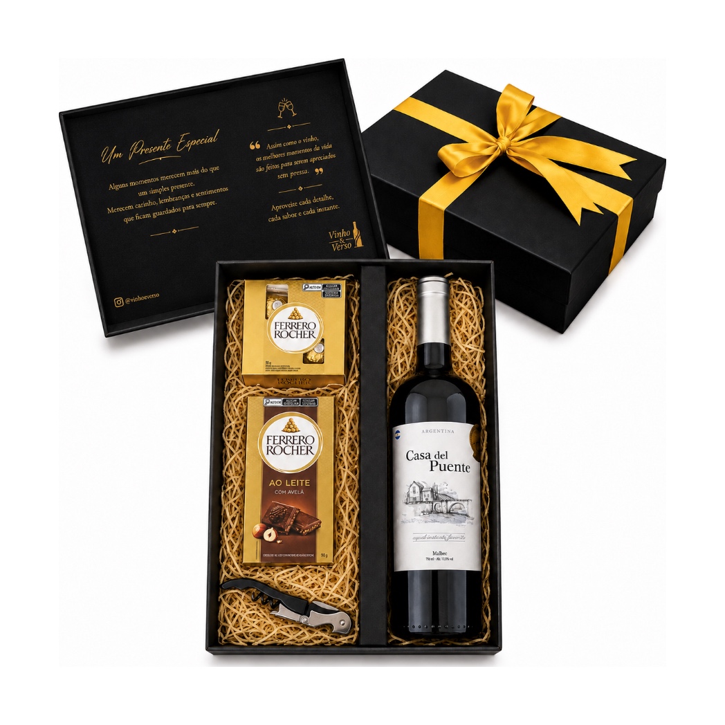 Kit Presente Vinho Malbec Argentino + Chocolate e Abridor